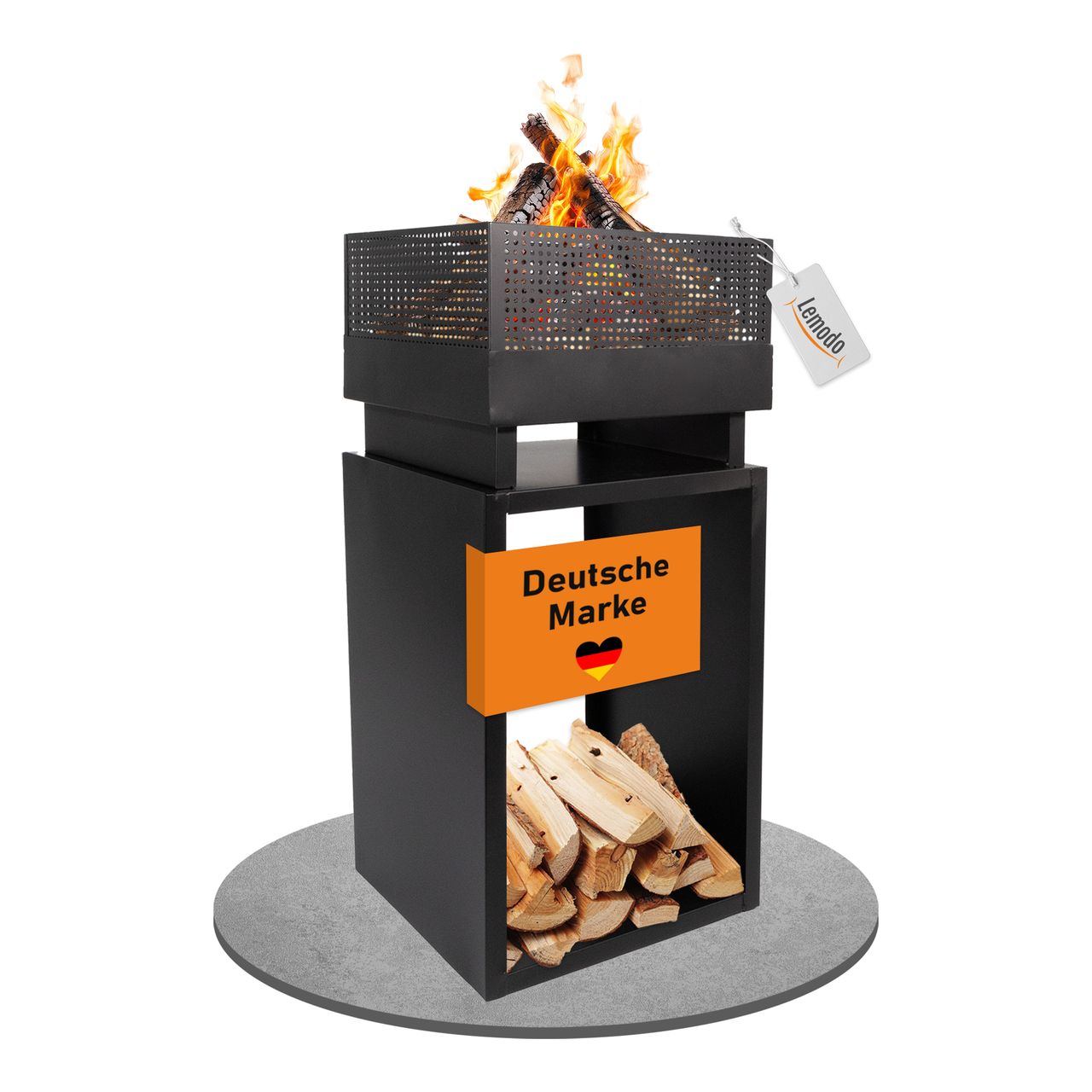 Lemodo Feuerkorb mit Holzlager, feuerschale Stahl, feuerstelle 85, 5cm hoch