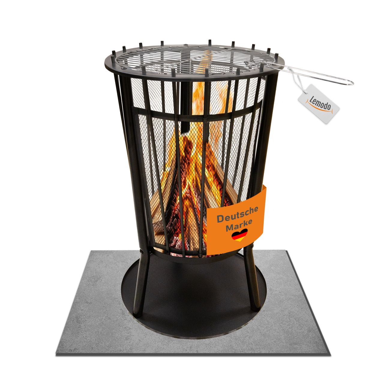 Lemodo Feuerkorb mit Grillgitter und Funkenschutz, robuste Feuerschale 65cm hoch