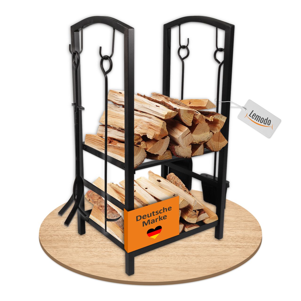 Lemodo Kaminholzregal mit 4 teiligem Kaminbesteck, Metallregal, Brennholzregal