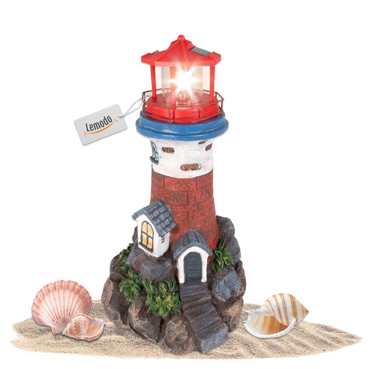 Lemodo Leuchtturm mit Solarlicht und rotierendem Leuchtfeuer, Gartendeko 43 cm hoch