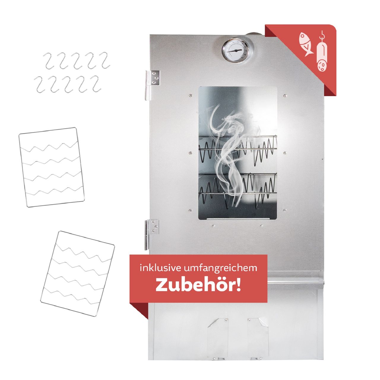 Lemodo Räucherofen aus Edelstahl, Räucherschrank 80cm mit Zubehör und 3 Etagen