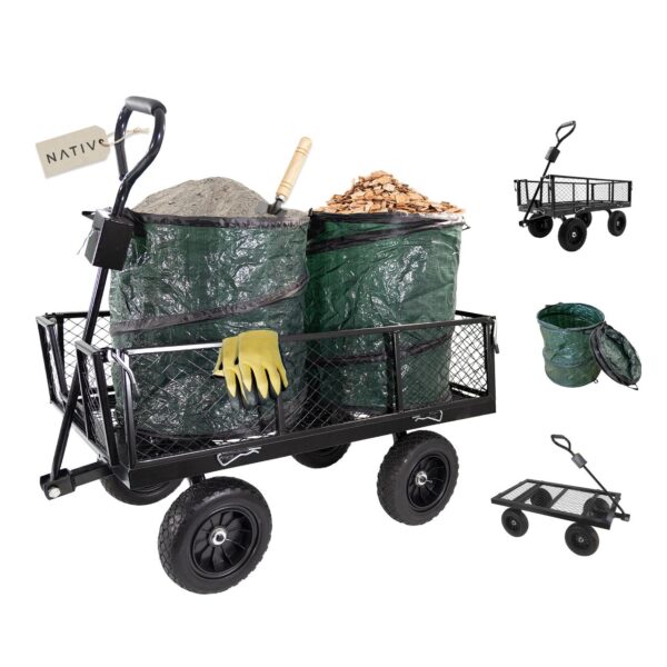 Lemodo Gartenwagen Metall mit 2 Laubsäcken, 300 kg belastbar, Gartenarbeit