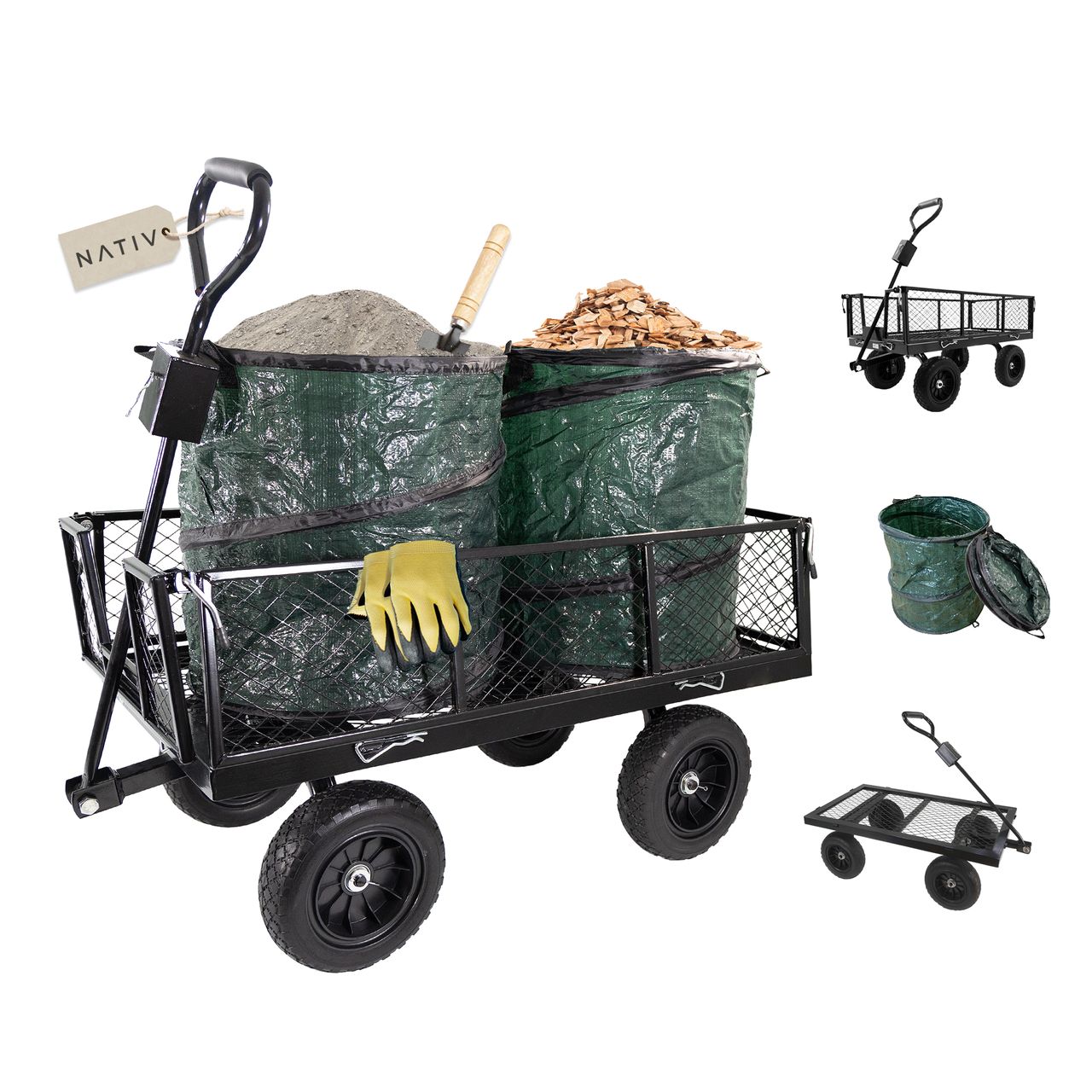 Lemodo Gartenwagen Metall mit 2 Laubsäcken, 300 kg belastbar, Gartenarbeit