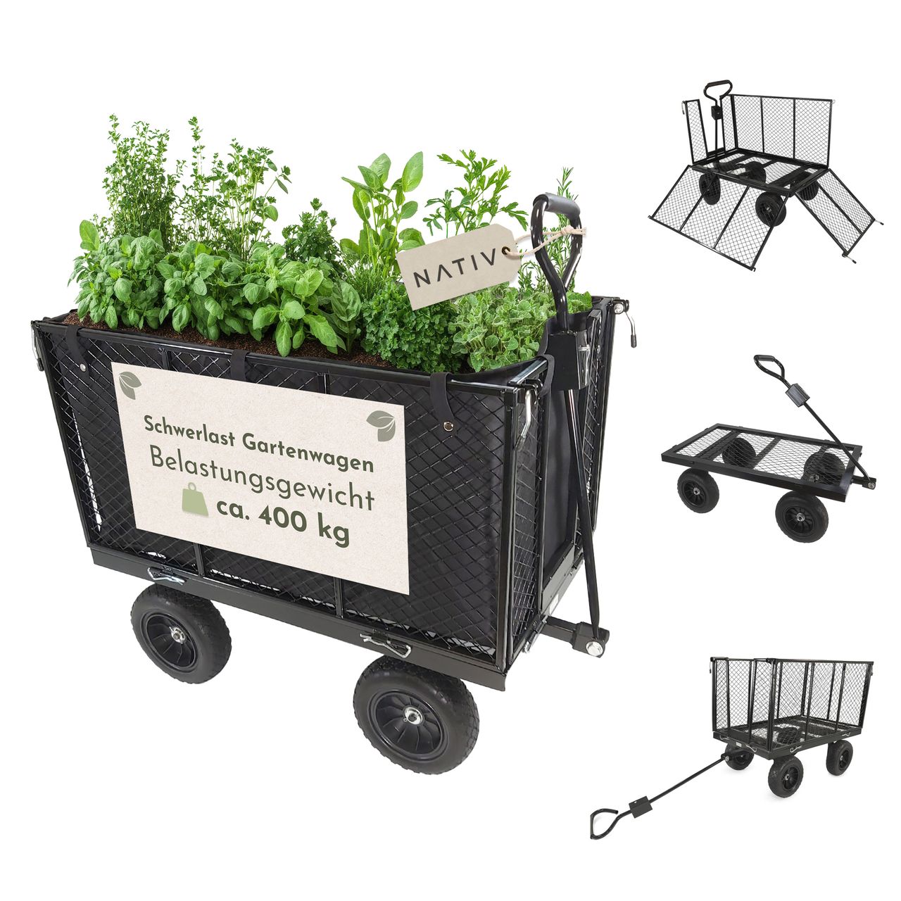Lemodo Schwerlast Gartenwagen aus Stahl mit Klappseiten, 400 kg