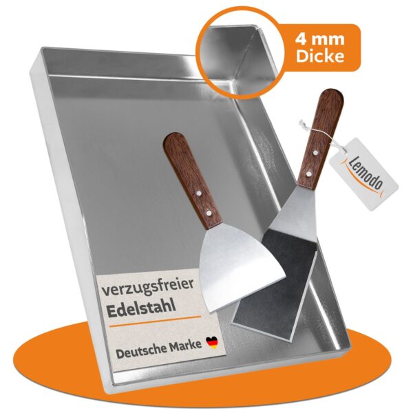 Lemodo Plancha Grillplatte Edelstahl 4 mm 40x29, 5 cm mit Rand & Spachteln