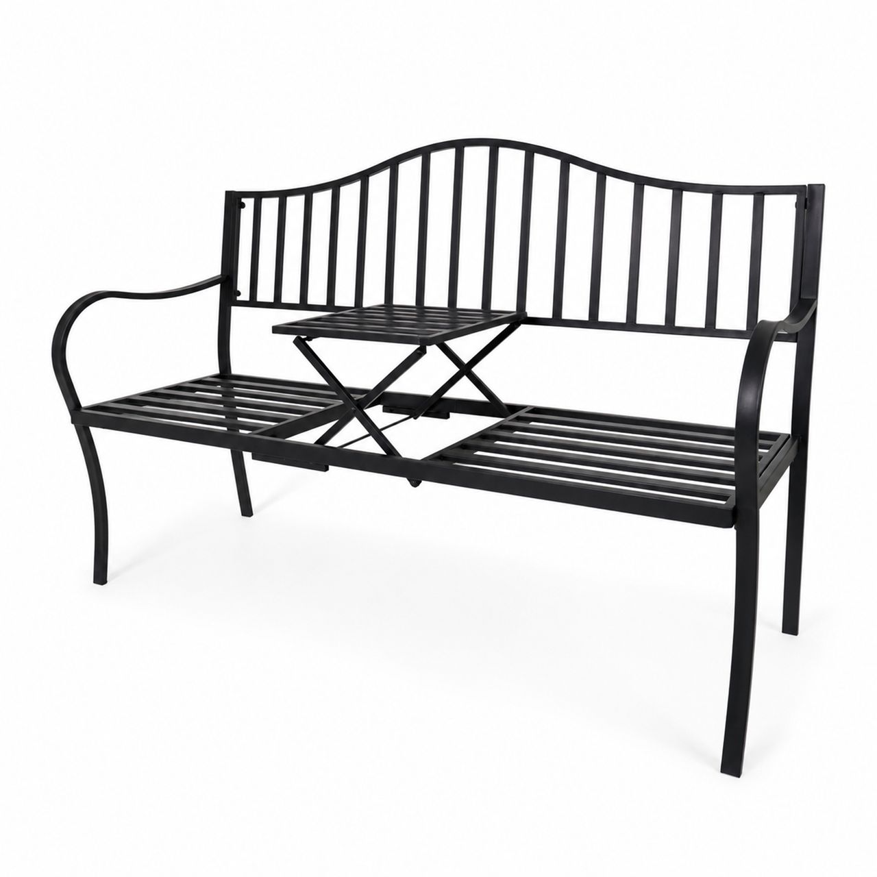 Lemodo Gartenbank mit Tisch klappbar aus Metall Schwarz für Balkon und Terrasse