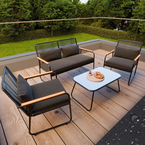 Garmio Sitzgruppe Polyrattan Gartenmöbel Set 4 – teilig Balkonmöbel mit Sitzbank und Stühlen, Glastisch