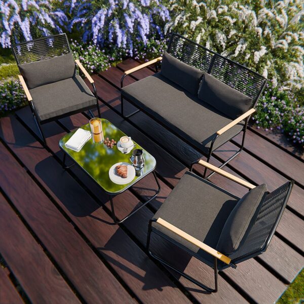 Garmio Sitzgruppe Polyrattan Gartenmöbel Set 4 – teilig Balkonmöbel mit Sitzbank und Stühlen, Glastisch