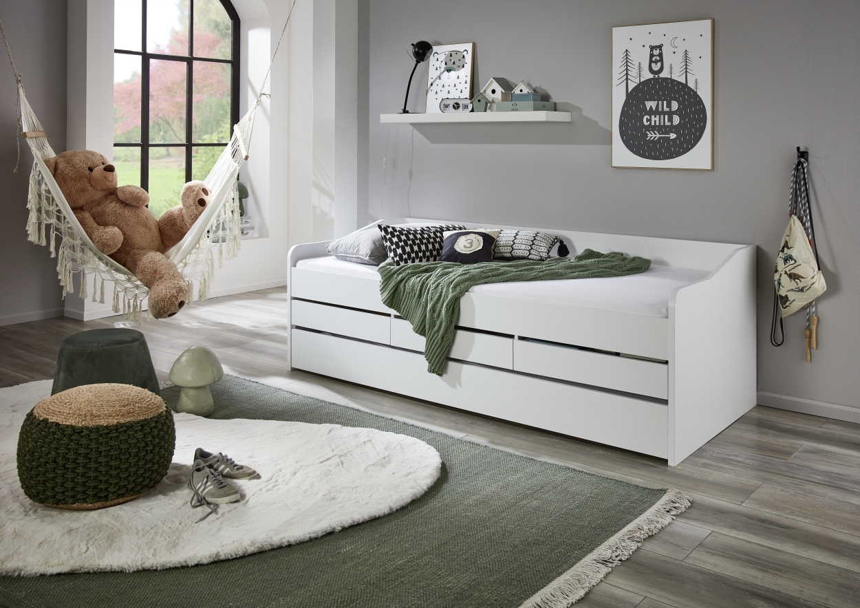 Relita Funktionsbett JILL 90×200 ohne Lattenrost, 3 Schubladen u. Bettschublade Dekor Weiß