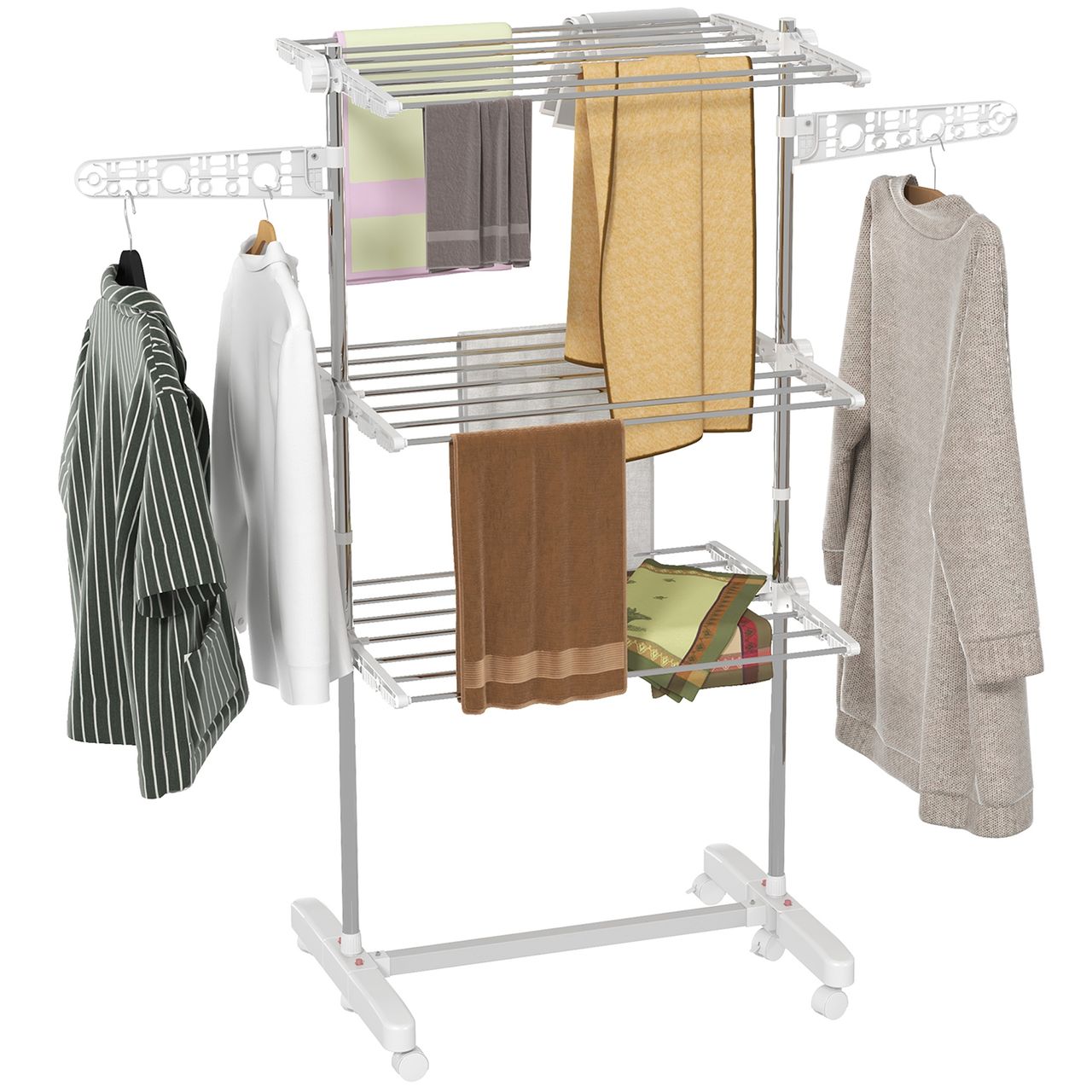 HOMCOM Mobiler Wäscheständer Wäschetrockner Kleiderständer 3 Ebenen klappbar Rolle 80 – 142 x 55 x 152 cm