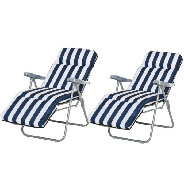 4250871211807-1 Outsunny 2 x Klappstühle Gartenstuhl Sonnenliege Armlehne klappbar 5 Positionen Auflage Blau 60 x 75 x 102 cm