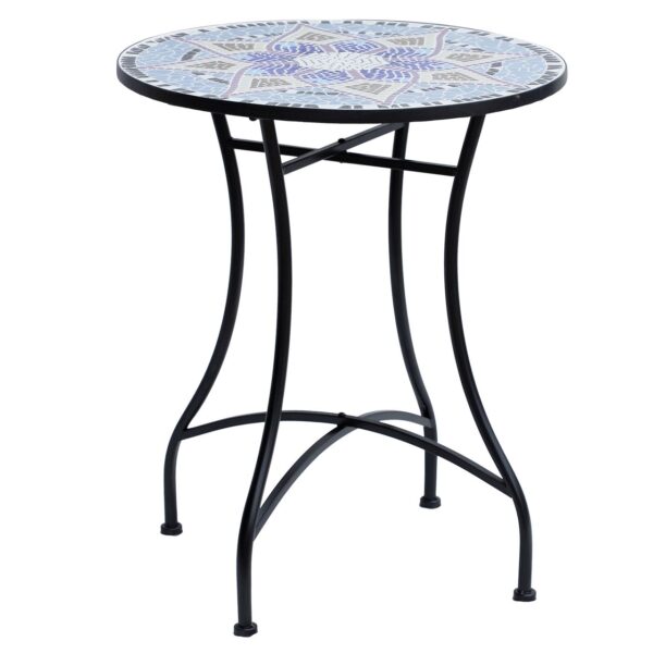 4250871266265-1 Outsunny Gartentisch Mosaiktisch Balkontisch Beistelltisch rund Stahl + Keramik Blau + Weiß Ø60 x H71 cm
