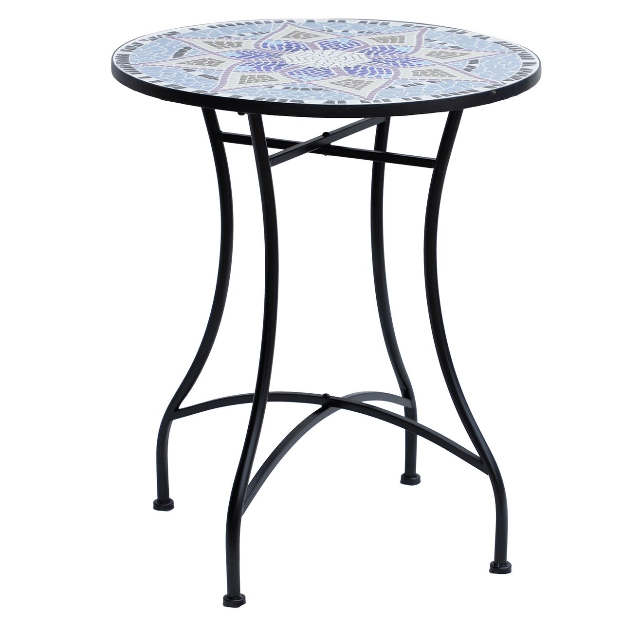 Outsunny Gartentisch Mosaiktisch Balkontisch Beistelltisch rund Stahl + Keramik Blau + Weiß Ø60 x H71 cm