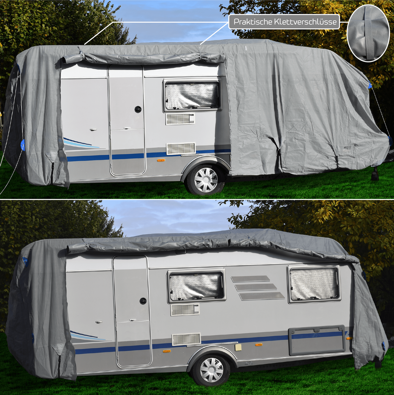 GreenYard ® Wohnwagen Abdeckplane mit Reflektoren Größe L, 610 x 250 x 220 cm
