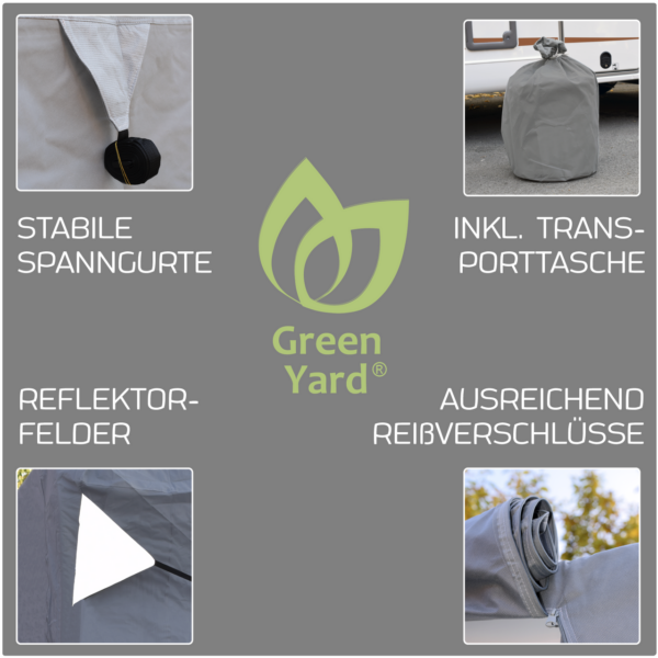 GreenYard ® Wohnwagen Abdeckplane mit Reflektoren Größe L, 610 x 250 x 220 cm