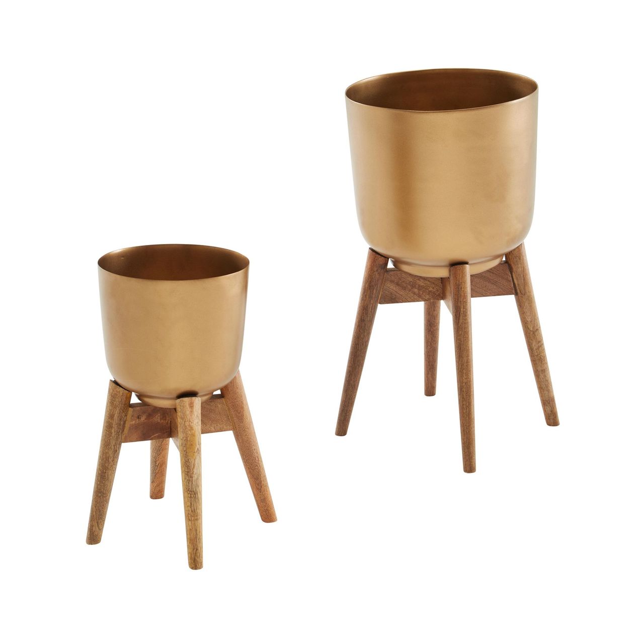 Skyport WOHNLING Blumentopf 2er Set Metall Holz Pflanzenkübel Gold Rund Pflanzgefäß