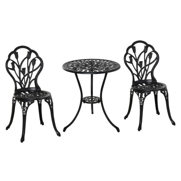Outsunny Sitzgruppe 3 – teilige Tisch+2 Stühle mit Schirmloch Terrasse Aluminium Schwarz Ø60 x 67H cm