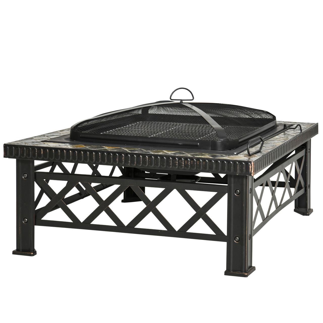 Outsunny 3 – in – 1 Feuerschale Feuerkorb Feuerstelle mit Funkenschutz Schwarz 76 x 76 x 47 cm