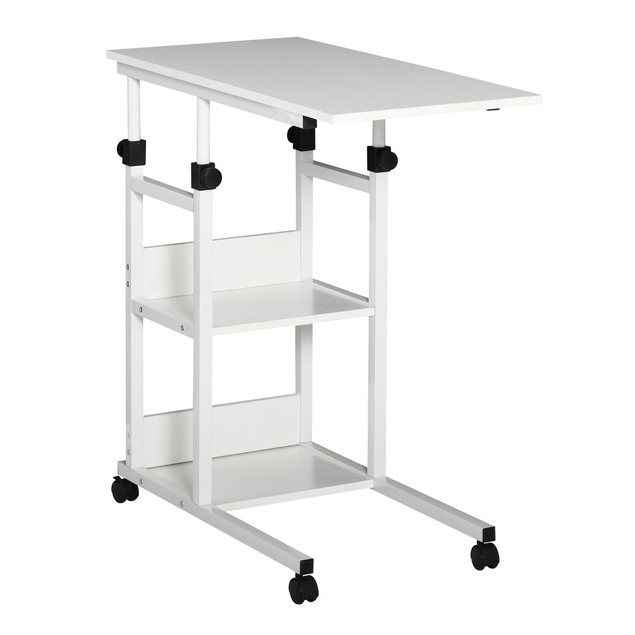 HOMCOM Beistelltisch mit Rollen, Nachttisch höhenverstellbar 2 Regale Metall Weiß 80x40x72 – 82cm