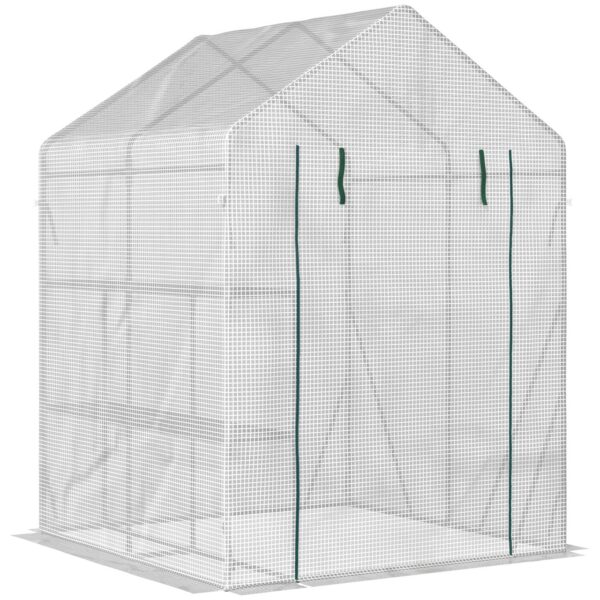 Outsunny Foliengewächshaus begehbares Gewächshaus mit 4 Regalebenen Weiß PE – Kunststoff 143 x 143 x 195 cm