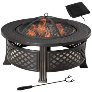 Outsunny Feuerschale mit Schürhaken Funkenschutz Feuerkorb Feuertisch Stahl Schwarz 81 x 81 x 50 cm