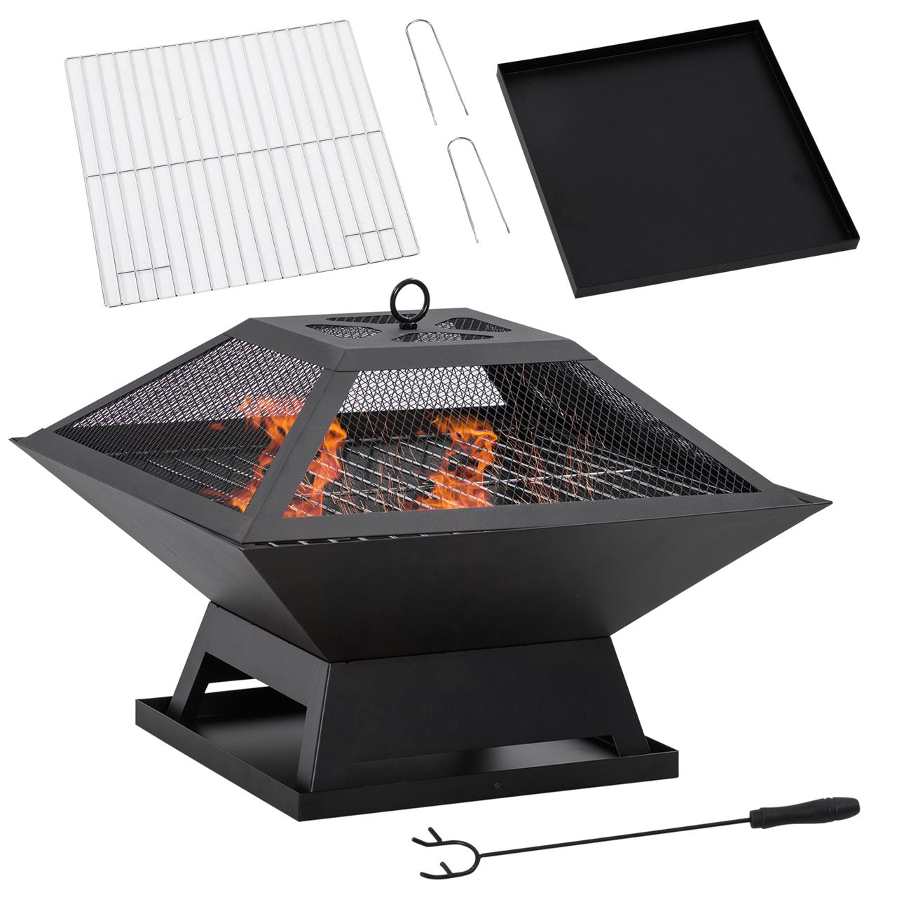 Outsunny Feuerschale mit Funkenschutz Grillrost Schürhaken für Garten Camping BBQ Stahl Schwarz 45x45x34cm