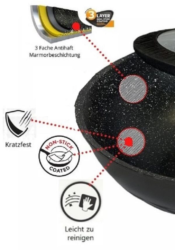 4252021356208-3 Cheffinger Wokpfanne mit Deckel Ø 28 cm – Marmor – Antihaft, Induktion