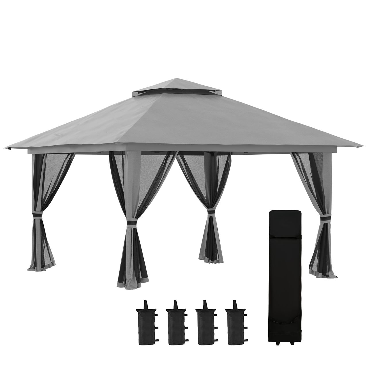 Outsunny Faltpavillon 4 x 4 m, Gartenpavillon mit 4 Netzwänden, UV – Schutz Grau