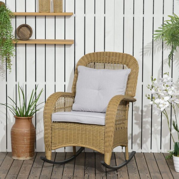 4255633515742-2 Outsunny Rattan Schaukelstuhl, Schaukelsessel mit Kissen für Balkon, Garten