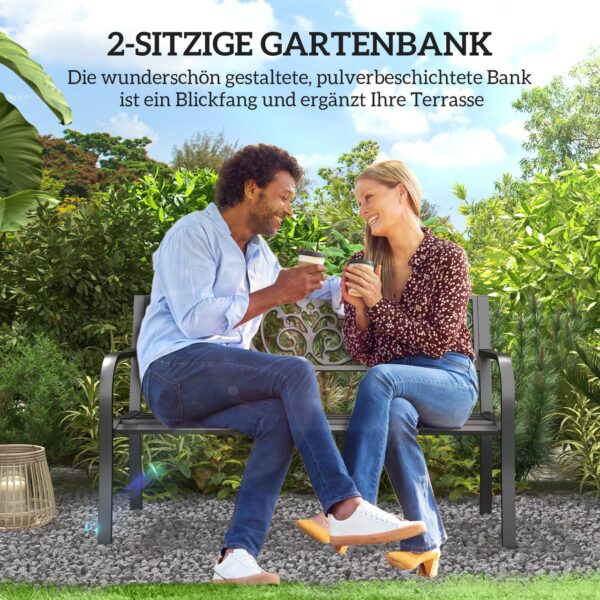 Outsunny Gartenbank Metall, Sitzbank, wetterfeste Parkbank mit Rückenlehne, Armlehne