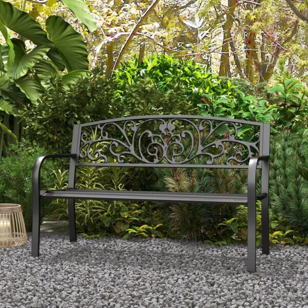 Outsunny Gartenbank Metall, Sitzbank, wetterfeste Parkbank mit Rückenlehne, Armlehne