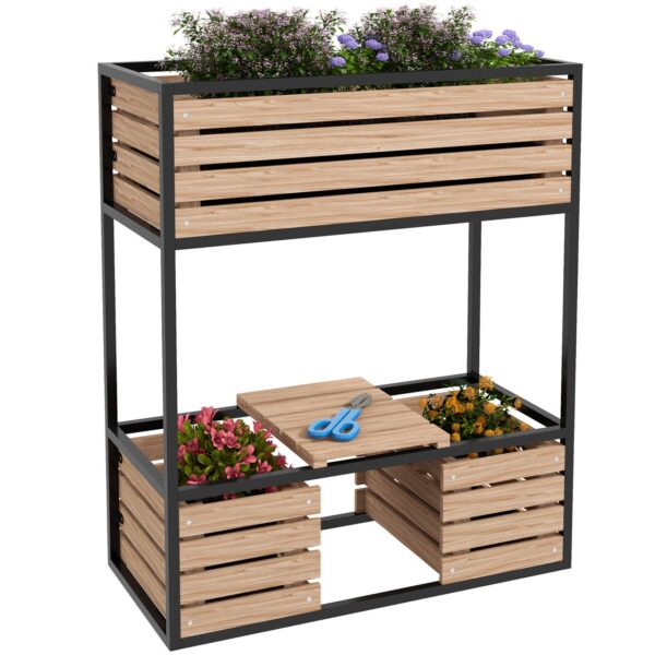Outsunny Hochbeet aus Holz, 2 – Stufiger Blumenkasten mit Ablage, Innenvlies