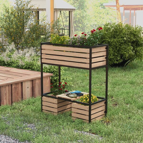 Outsunny Hochbeet aus Holz, 2 – Stufiger Blumenkasten mit Ablage, Innenvlies