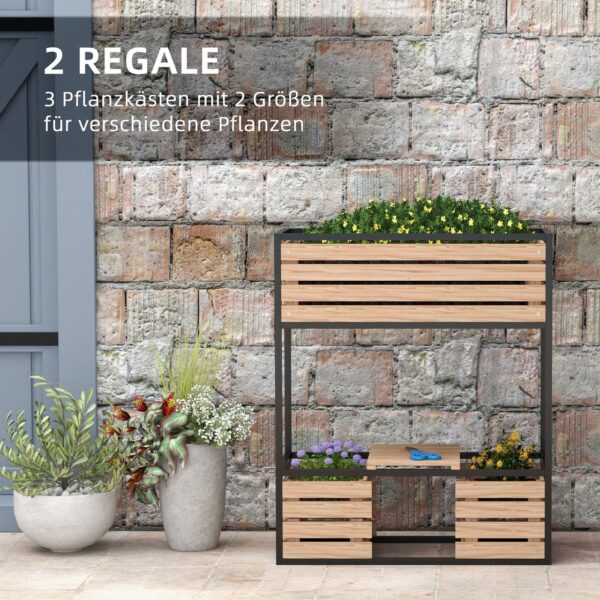 Outsunny Hochbeet aus Holz, 2 – Stufiger Blumenkasten mit Ablage, Innenvlies