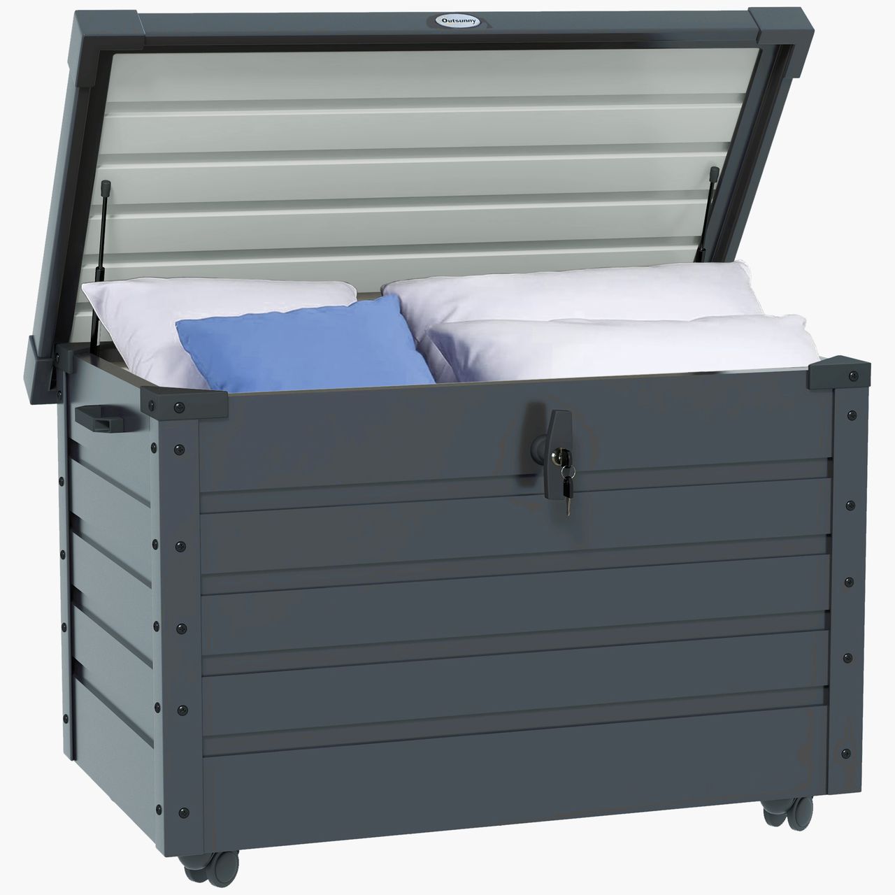Outsunny Gartenbox Aufbewahrungsbox mit Rollen, gartentruhe mit Schloss Grau