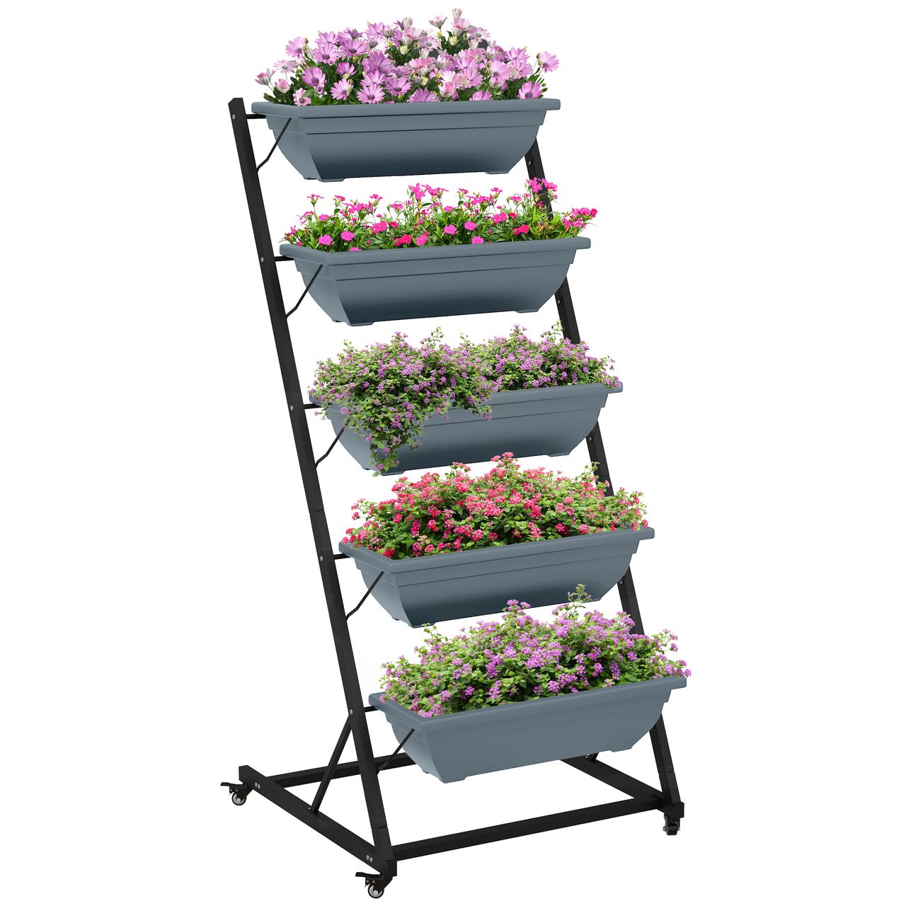 Outsunny Pflanzenständer, blumenständer mit 5 Etagen, Pflanzenregal mit Rollen Grau