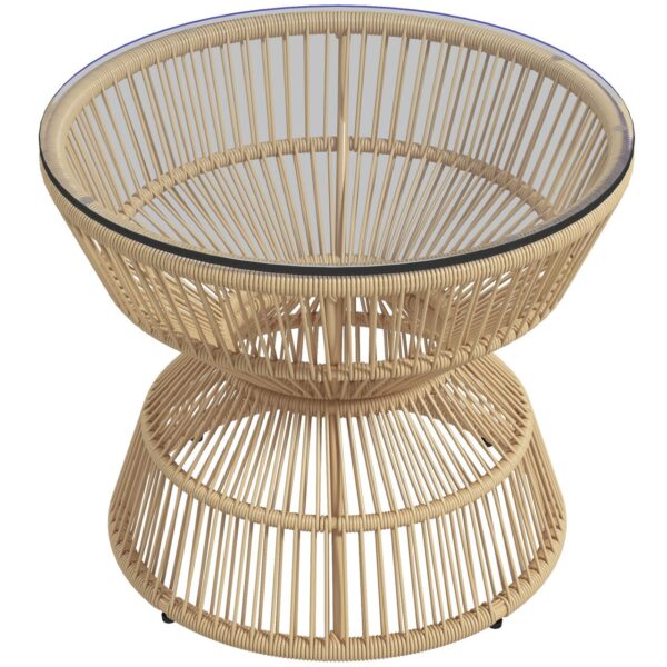 Outsunny Beistelltisch Rattan, Ø60 cm Couchtisch Gartentisch mit Tischplatte aus Hartglas