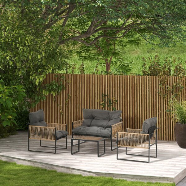 Outsunny 4 tlg. Rattan Gartenmöbel – Set, sitzgruppe mit Kissen für Garten, Terrasse