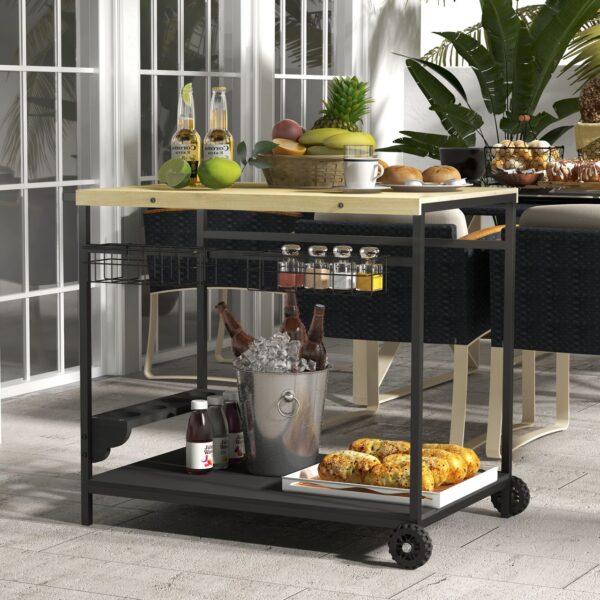 4255633560834-2 Outsunny Servierwagen Barbecue Trolley Gartenrollwagen mit 2 Ebenen Natur