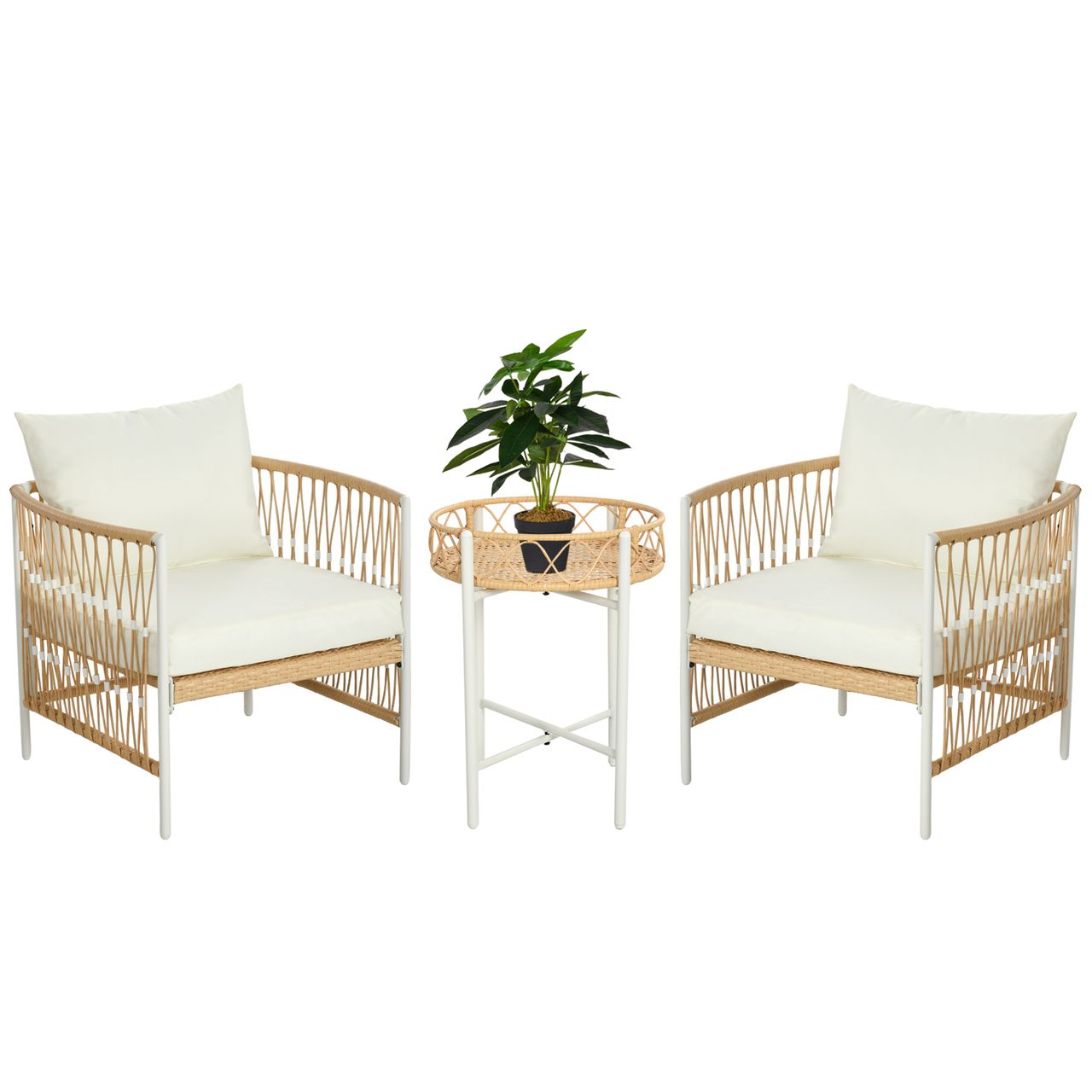 Outsunny 3er Set Rattan Gartenmöbel – Set, Gartengarnitur mit 2 Gartenstühle, Beistelltisch