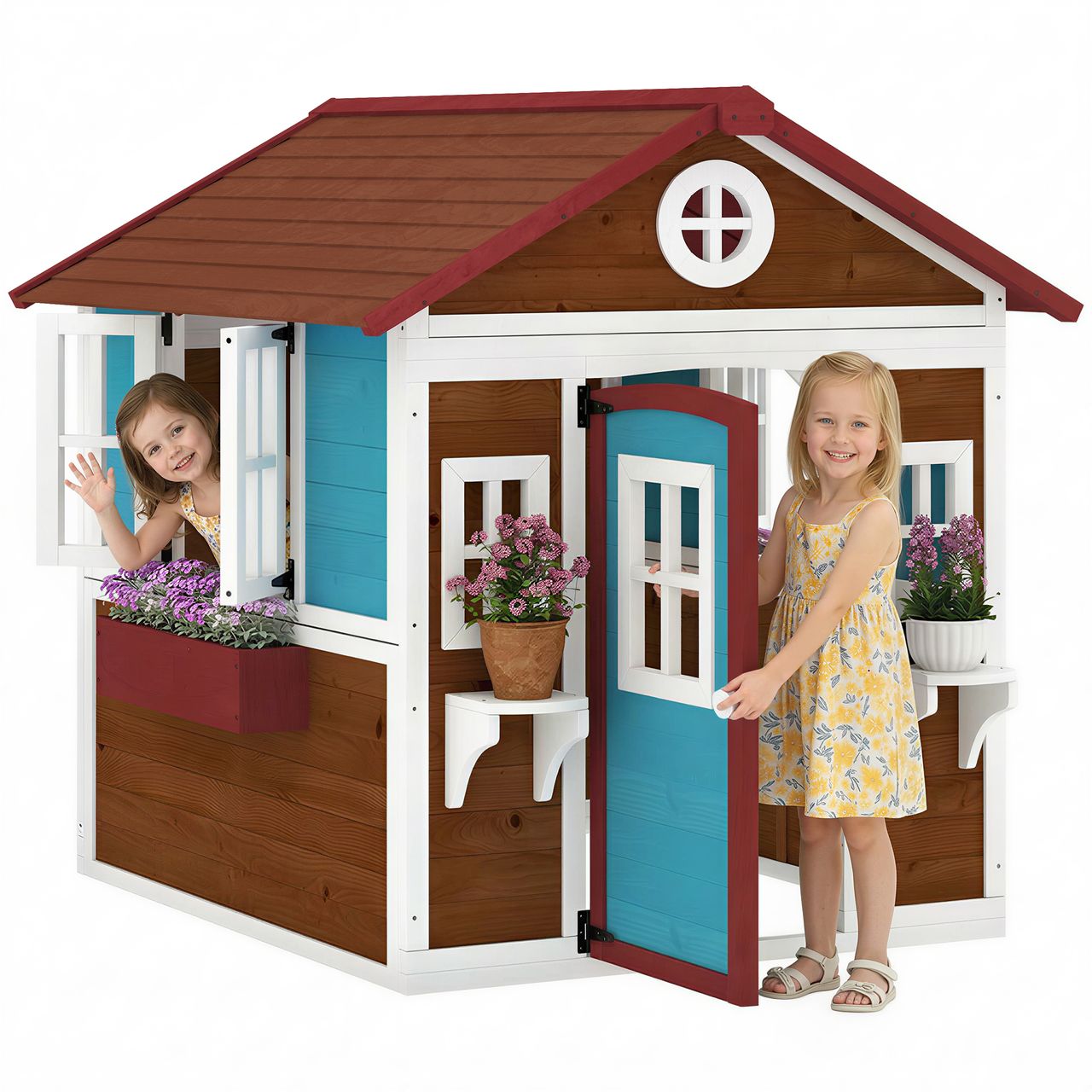 Outsunny Kinderspielhaus aus Holz mit Fenster, Blumenregal, pflanzenkasten und Tür Blau
