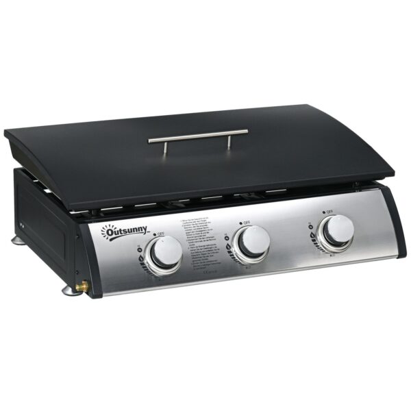 Outsunny Gasgrill, Tischgrill BBQ mit 3 Brennern, Tischgasgrill mit Schlauch, Deckel