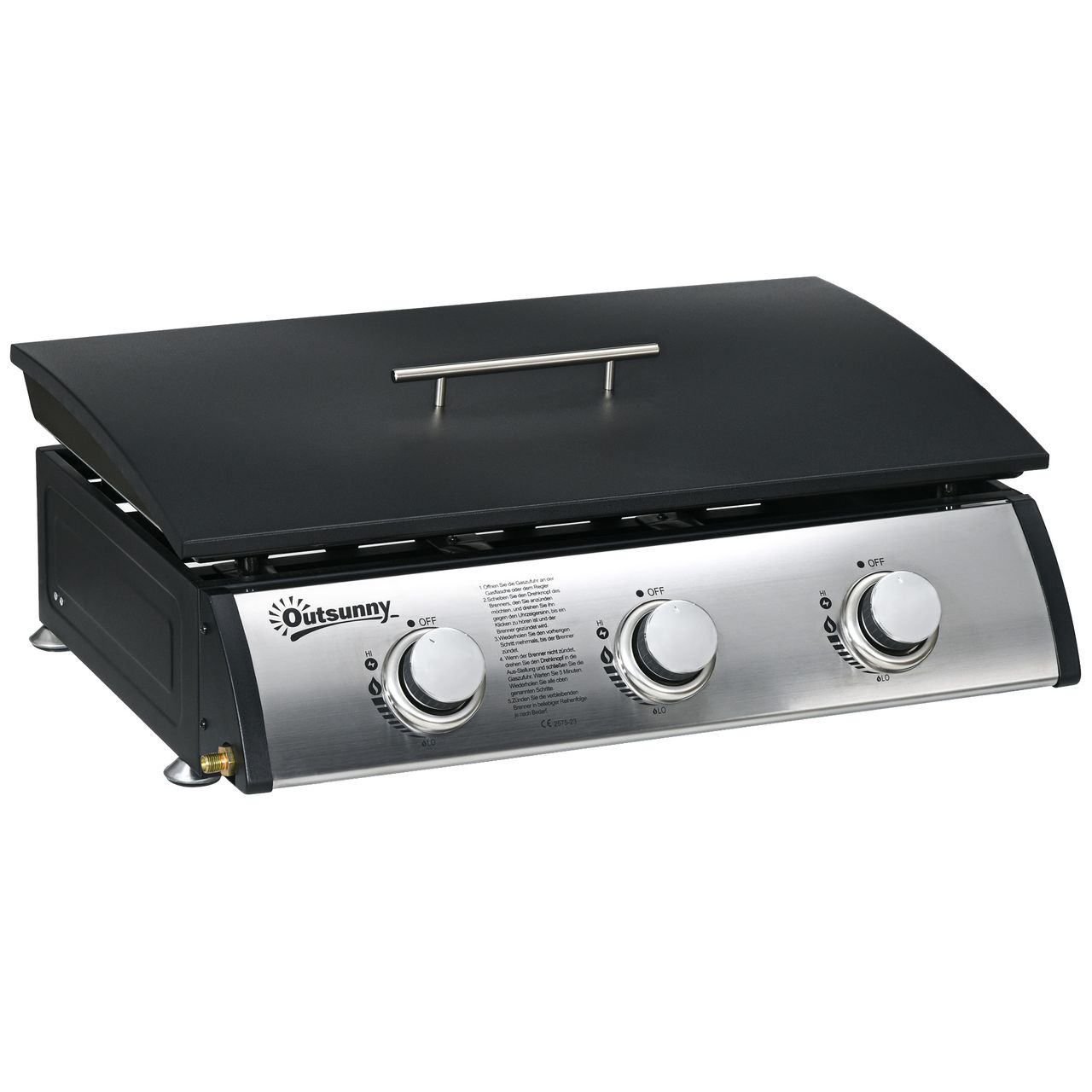 Outsunny Gasgrill, Tischgrill BBQ mit 3 Brennern, Tischgasgrill mit Schlauch, Deckel