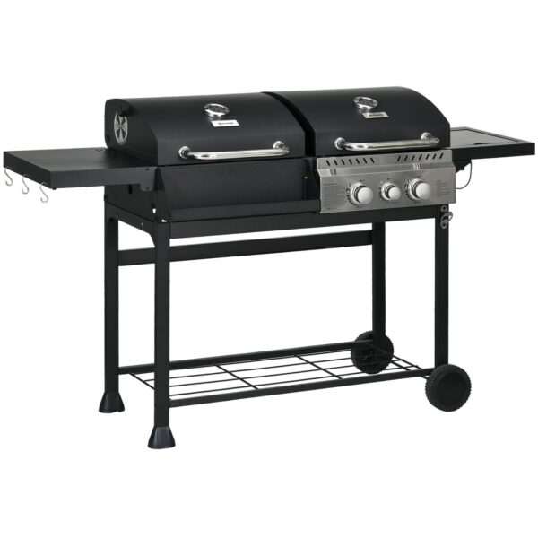 Outsunny Holzkohlgrill Gasgrill mit 2+1 Brenner, Thermometer, Haken, Schwarz