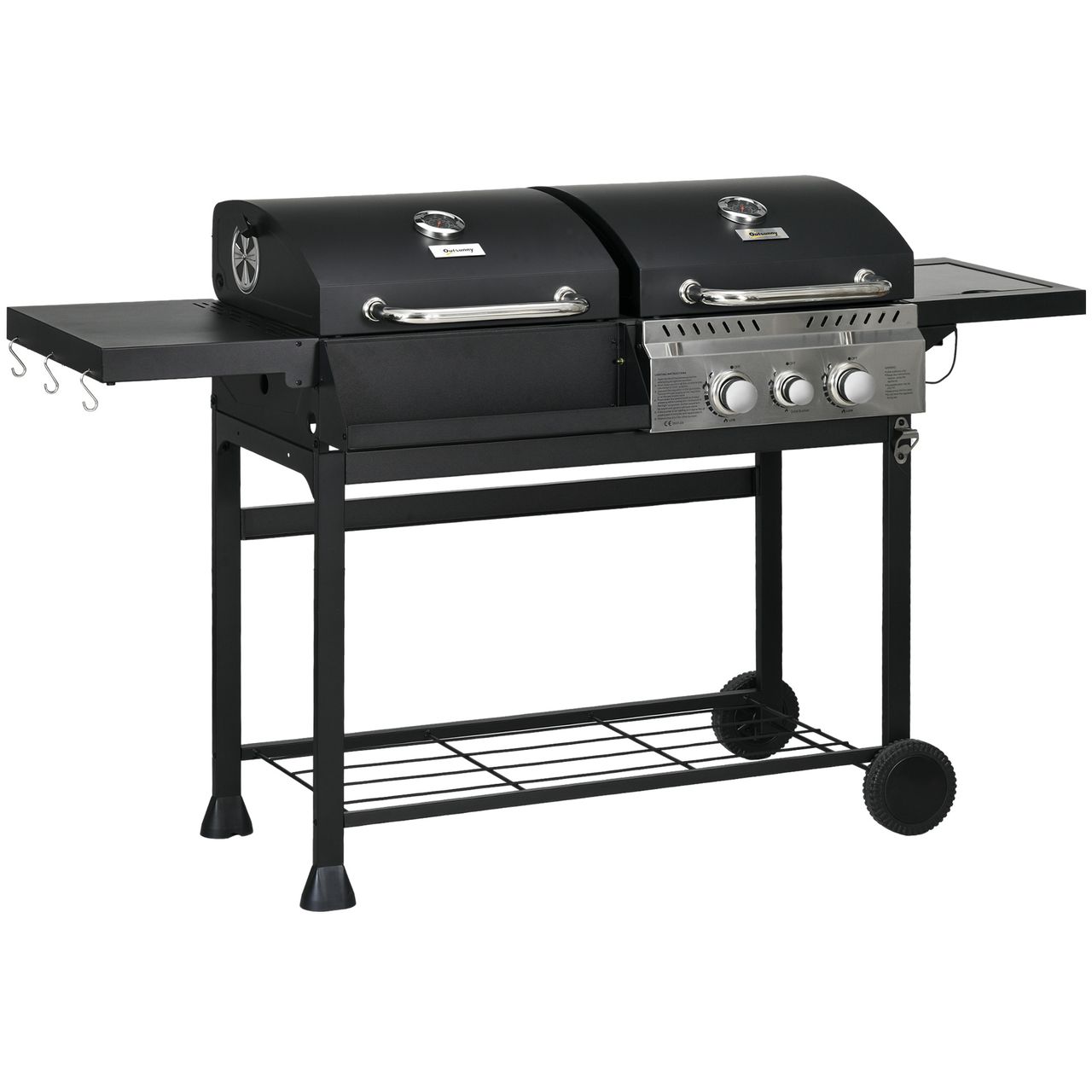 Outsunny Holzkohlgrill Gasgrill mit 2+1 Brenner, Thermometer, Haken, Schwarz