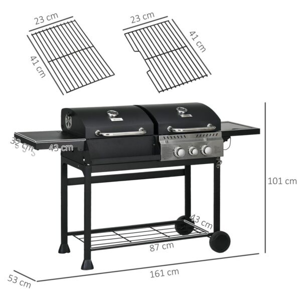 Outsunny Holzkohlgrill Gasgrill mit 2+1 Brenner, Thermometer, Haken, Schwarz