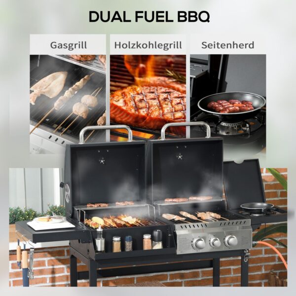 Outsunny Holzkohlgrill Gasgrill mit 2+1 Brenner, Thermometer, Haken, Schwarz