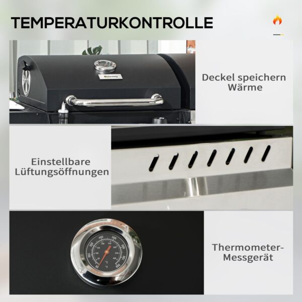 Outsunny Holzkohlgrill Gasgrill mit 2+1 Brenner, Thermometer, Haken, Schwarz