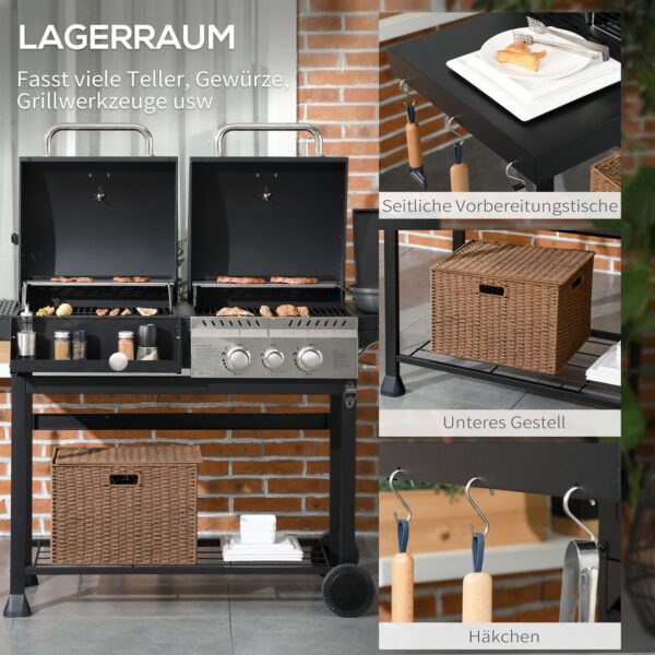 Outsunny Holzkohlgrill Gasgrill mit 2+1 Brenner, Thermometer, Haken, Schwarz