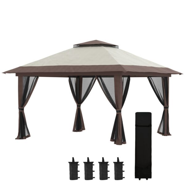 Outsunny Faltpavillon 4 x 4 m, Gartenpavillon mit 4 Netzwänden, UV – Schutz, Beige
